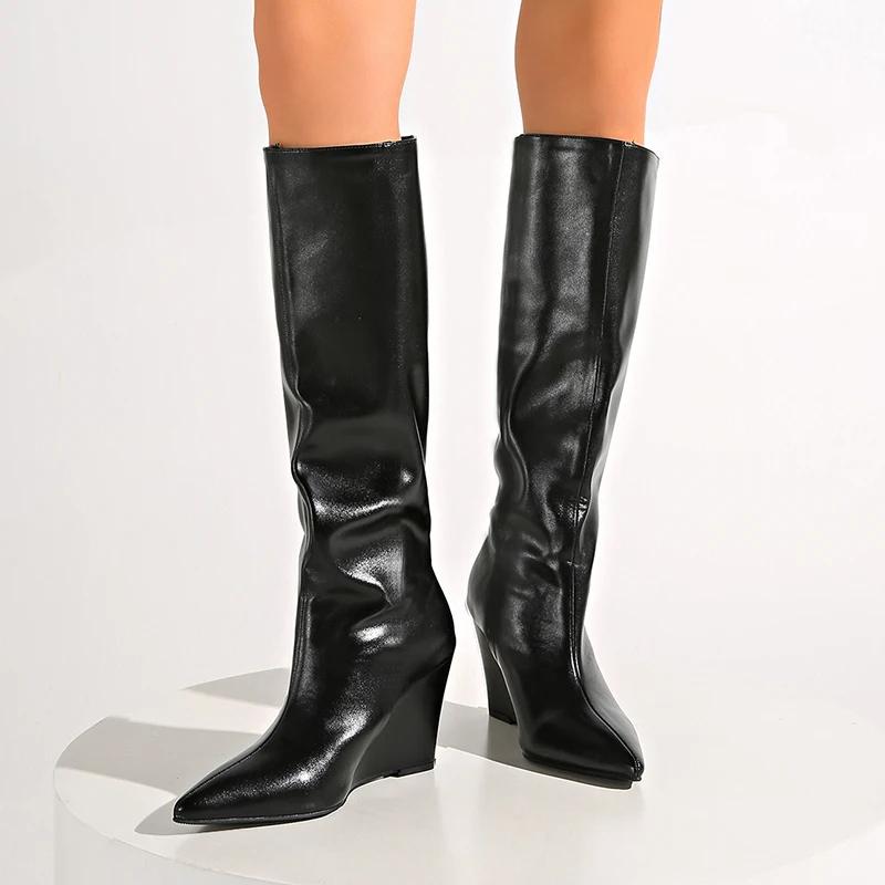 Fashion Fashion Wedge High Heels Long Boots Women Plus Size Pu Leather Knee High Botas Mujer Sexy Punk Black Pointed Toe Boots Woman