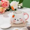 Handbemalte Keramiktasse mit Kaninchenmotiv und Deckel, Wasserbecher, Niedlicher Stil, Geschenk für Paare, Frühstück, Küche, Großes Fassungsvermögen, Wohnaccessoire