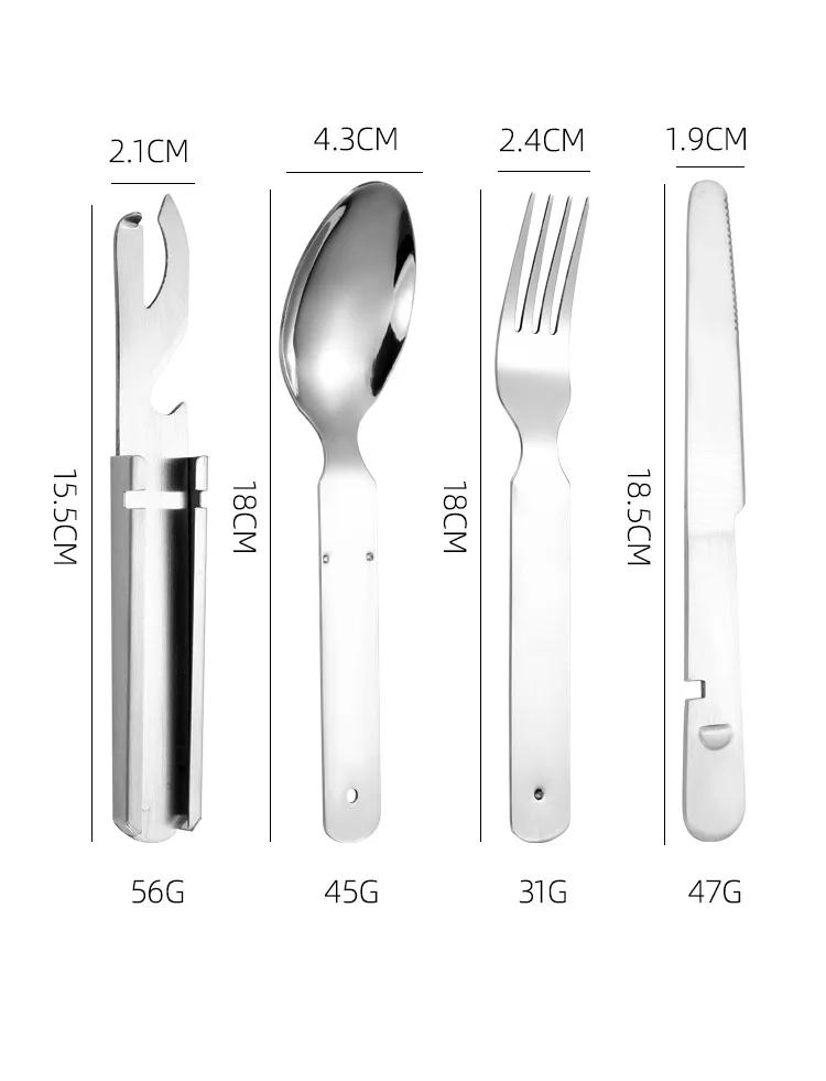 4-in-1 Portable Stainless Steel Camping Spoon, Fork, Knife and Can/Bottle Opener, Military Camping Utensils