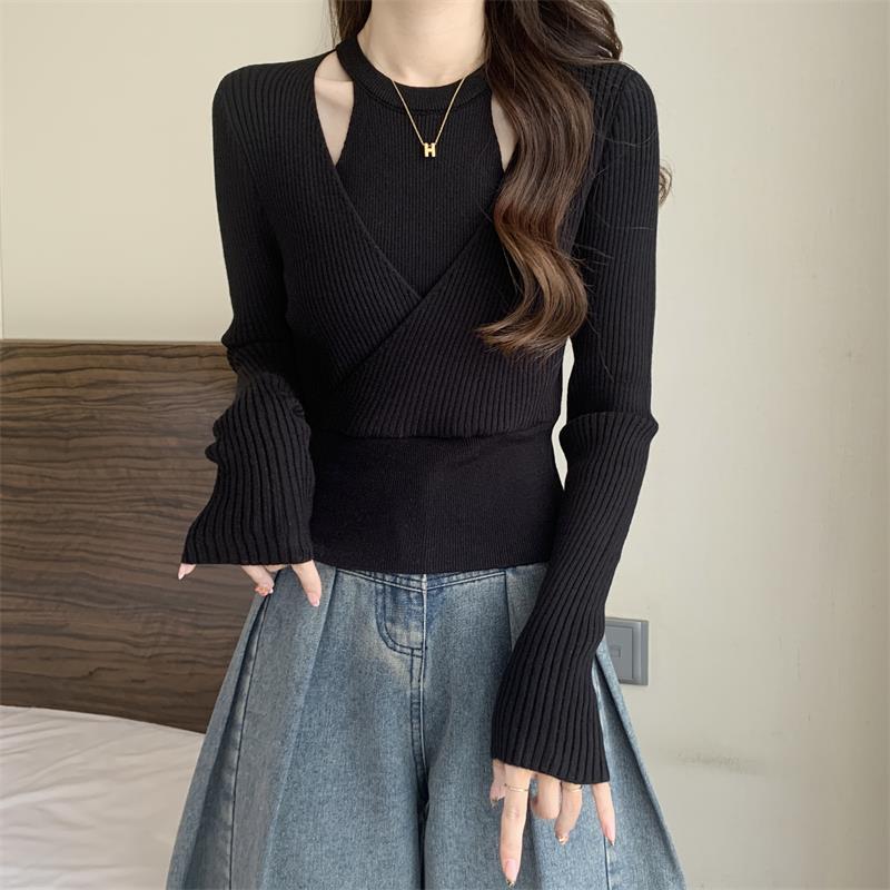 Fake Two Hanging Neck Knitted Bottom Shirt for For Women In Spring and Autumn Slim Look Chic Chic with Sweater Long-sleeved Blouse