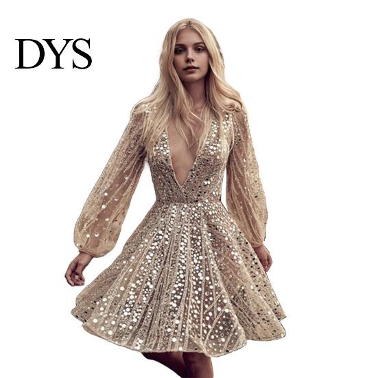 Evening Wear Short Dress Deep V Neck Sequin See-through Mesh A-line Mini Women Long Lantern Sleeves Prom Cocktail Party Sparkling Bead Embellished