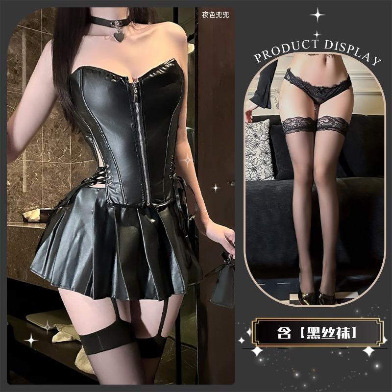 Sex underwear shapewear, bright leather skirts gather to show thin tube top, waist leather corset, zipper qqny