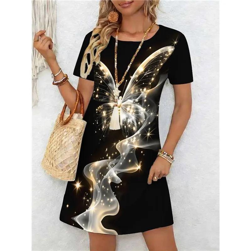 Fashion Women's Crew Neck Dress 3D Butterfly Color Printed Butterfly Dress