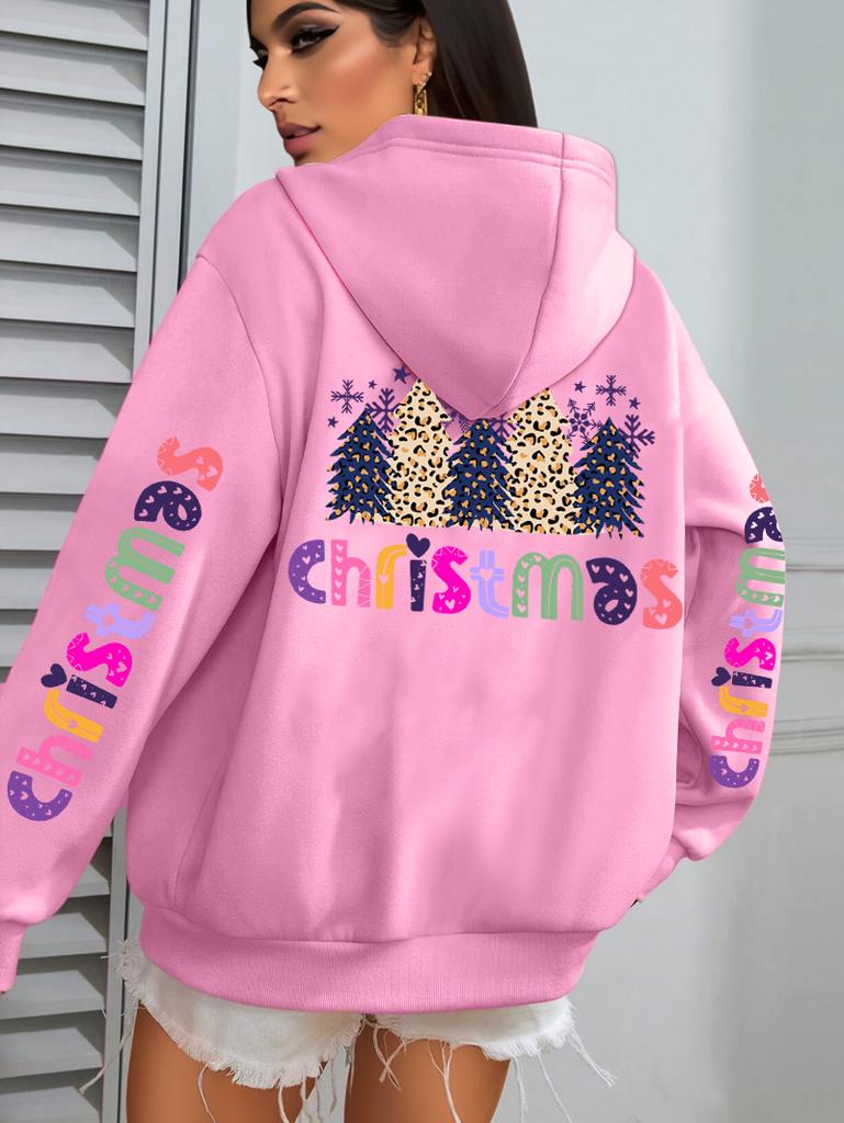 Merry Christmas Leopard Trees Printing Hoodie Women Hip Hop All-Match Streetwear Casual Loose Hoodies Fleece Autumn Woman Hoody
