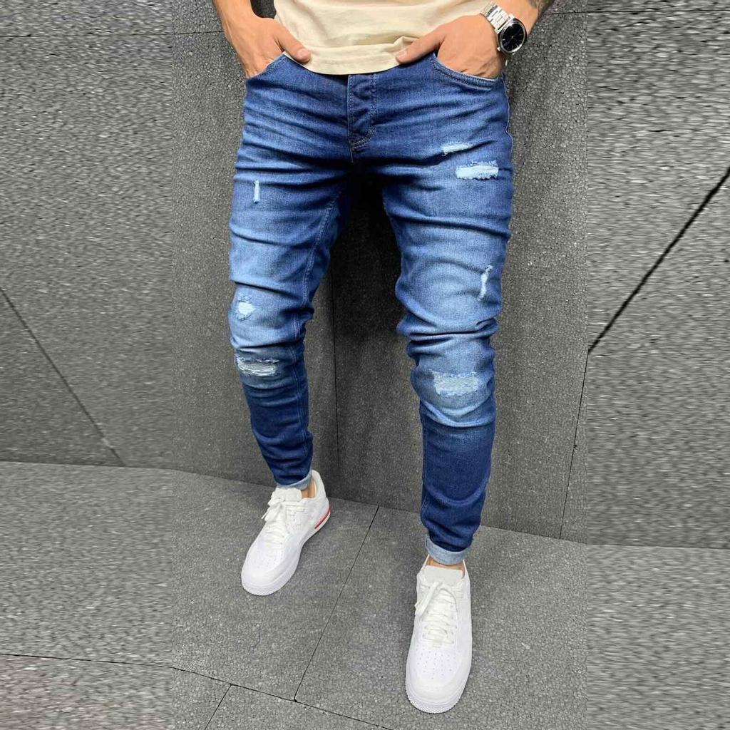 Men Striped Zipper Denim Hole Vintage Wash Hip Hop Work Trousers Jeans Pants