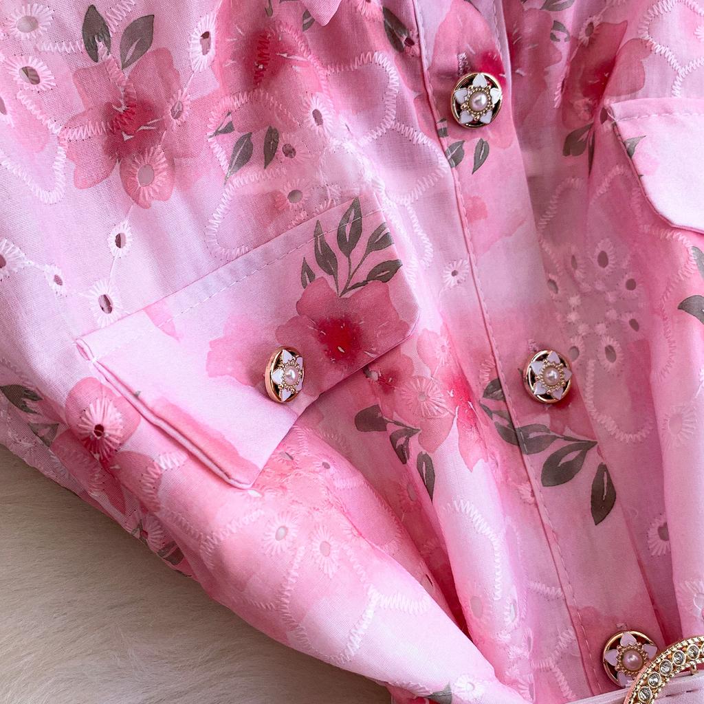 Gentle Pink Green and Yellow Embroidered Print Drop-Shoulder Shirt Dress for Women Summer Button-Down Belt Slim Midi Dress