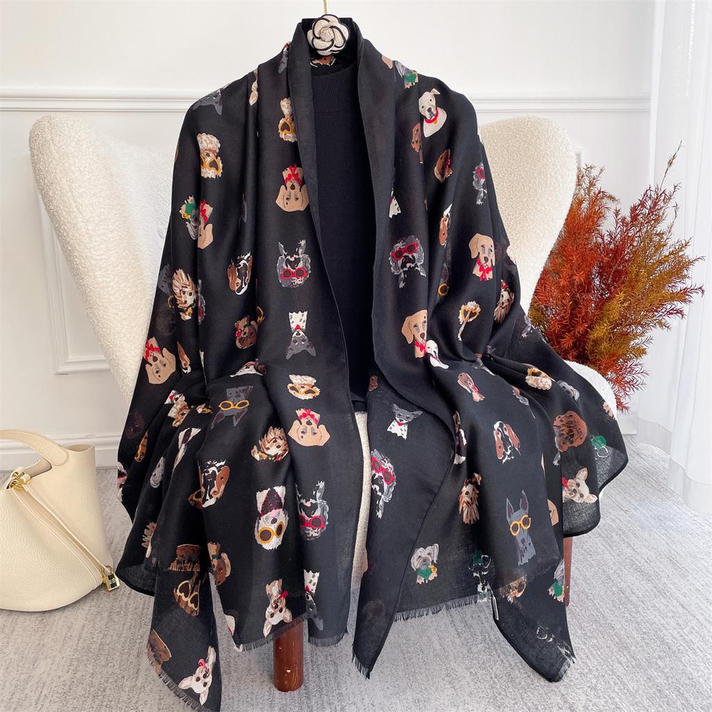 New Dog Print Luxury Women Viscose Scarf Summer Winter Shawl Cotton Linen Feeling Designer Tassel Muslim Hijab Wrap Turban