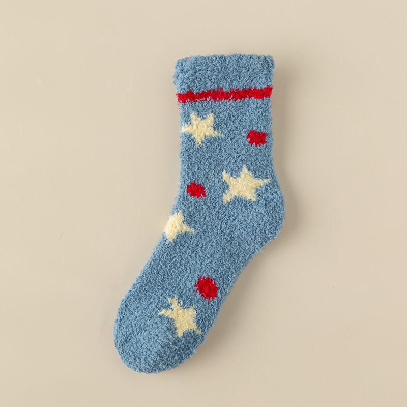 Socks Women Winter Warm Fluffy Fuzzy Cute Middle Tube Thick Thermal Soft Coral Fleece Floor Sleep Cartoon Star Short Crew Socks