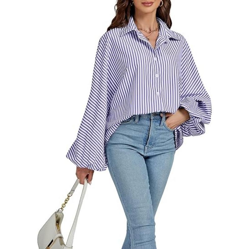 Women's Elegant Loose Casual Single Breasted Striped Shirt Lantern Sleeve Long Sleeve Lapel Shirt