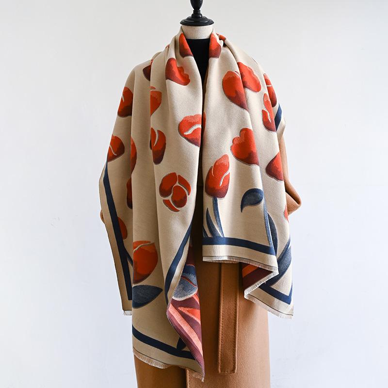 New Tulip Double Sided Tassel Scarf Mature Imitation Cashmere Warm Shawl Autumn Winter Office Coldproof Windproof Wrapped Scarf