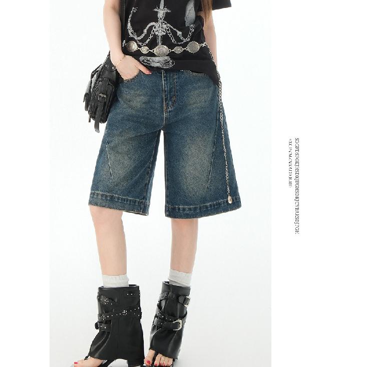 Retro Spicy Woman Cropped Denim Shorts Women'S Summer Low Waisted Loose Design Straight Five-Point Pants