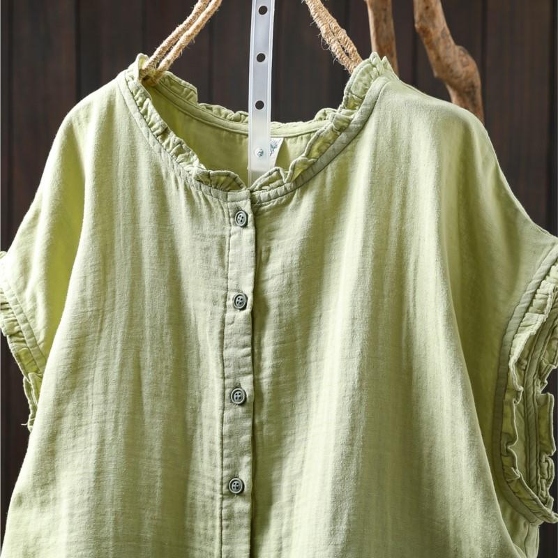 Johnature Camisetas sin Mangas Vintage de Algodón para Mujer Cuello Redondo Color Sólido Verano Botones Sin Mangas Holgadas Suaves Casual Camisetas sin Mangas
