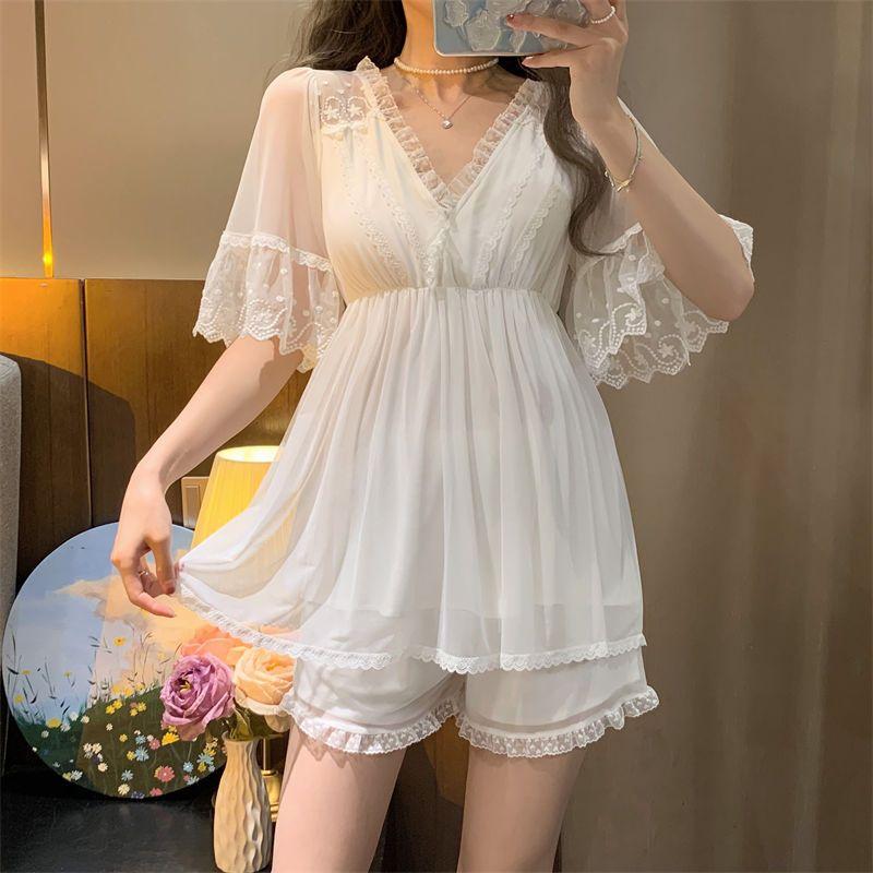 Pijama Doce Feminino Verão Malha Renda Pijama Roupa de Casa Conjunto Manga Curta Pijama Rosa Roupas Kawaii Novo Estilo