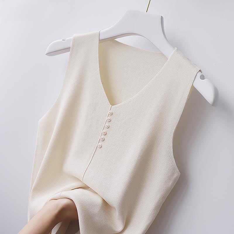 Summer Ice Silk Tank Top for Women Outerwear Loose V-Neck Knitted Sleeveless Simple Casual Top