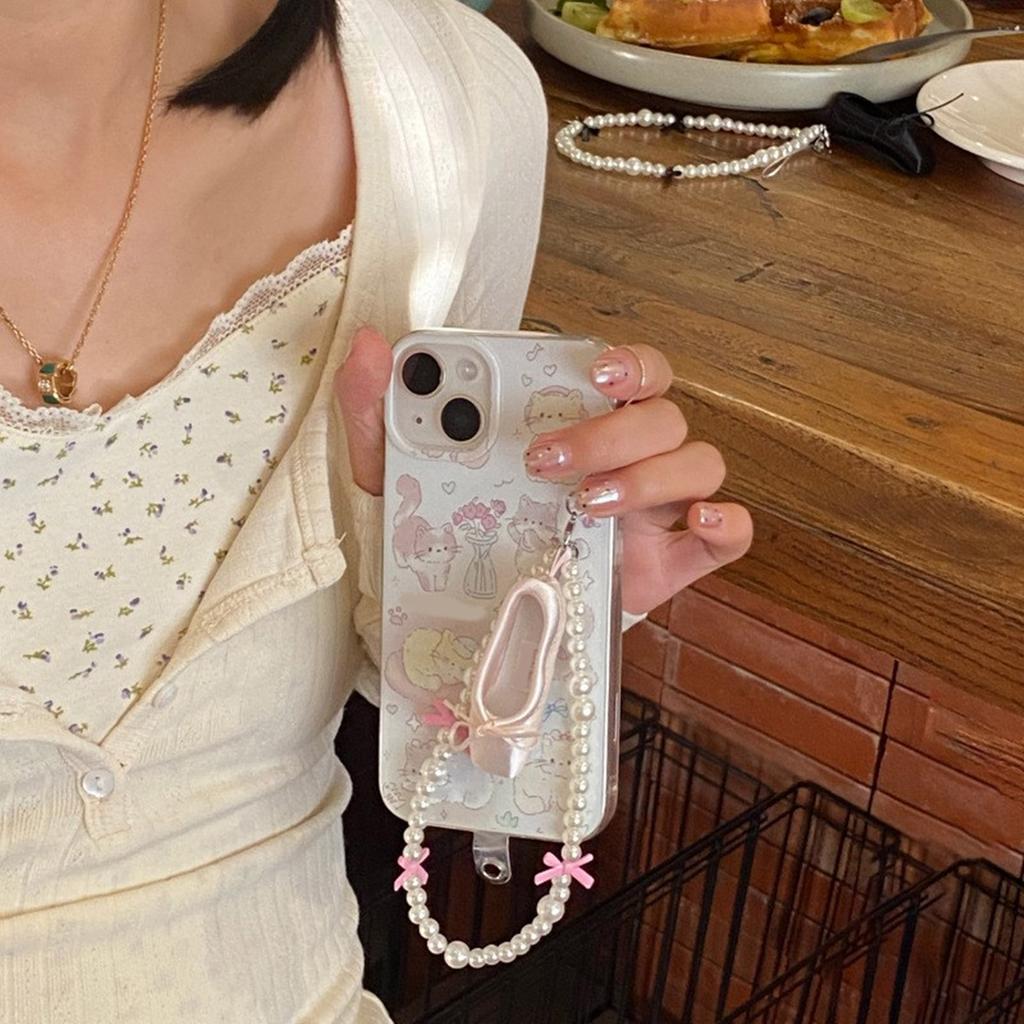 Ballet Shoes Charm Keychain Pendant Sweet Cute Bowknot Pearl Beaded Phone Chain Hanging Ornament Keyring Backpack Decors