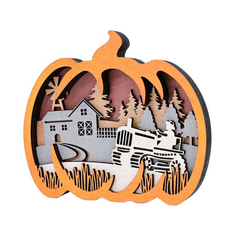 Artisanal Pumpkin Carving Decoration For Thanksgiving Halloween Safe Nontoxic Wooden Craft Ornament Tabletop Shelf