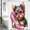Cute Dog Shower Curtain with Sunglasses Biting Pink Heels, Bathroom Decorative Shower Curtain, Waterproof Shower Curtain with Ho