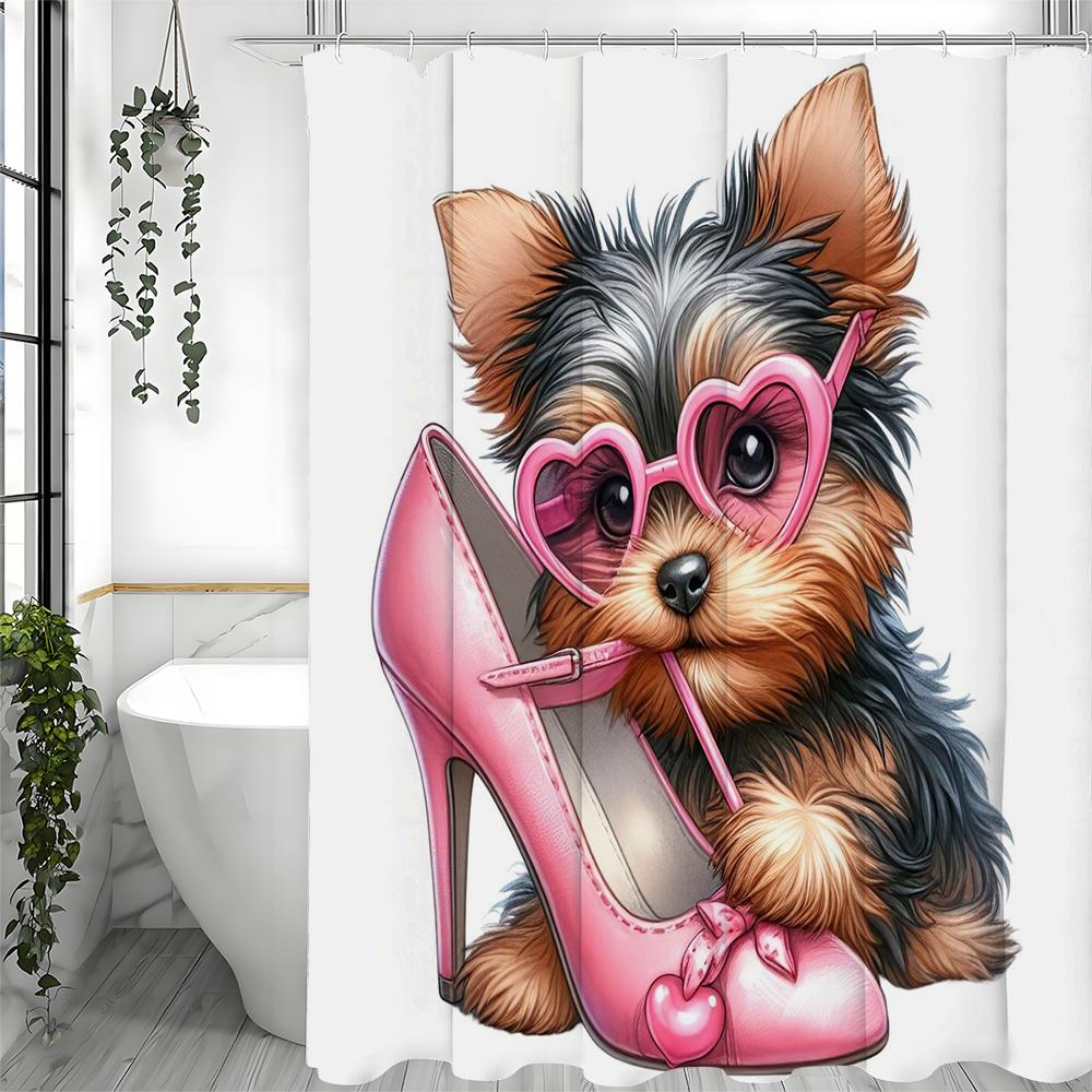 Cute Dog Shower Curtain with Sunglasses Biting Pink Heels, Bathroom Decorative Shower Curtain, Waterproof Shower Curtain with Ho