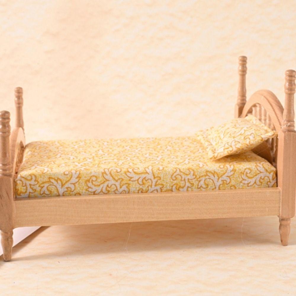 Bedroom Dollhouse Wood Bed 1:12 Simulation Single Bed Miniature Wood Bed  Pretend Play