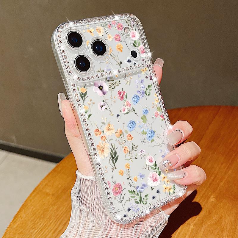 Flower Print Shockproof TPU Case For iPhone 17 Pro Max 16e 16 15 14 13 15 Pro 17 TPU Bling Diamond Soft Silicone Phone Cover