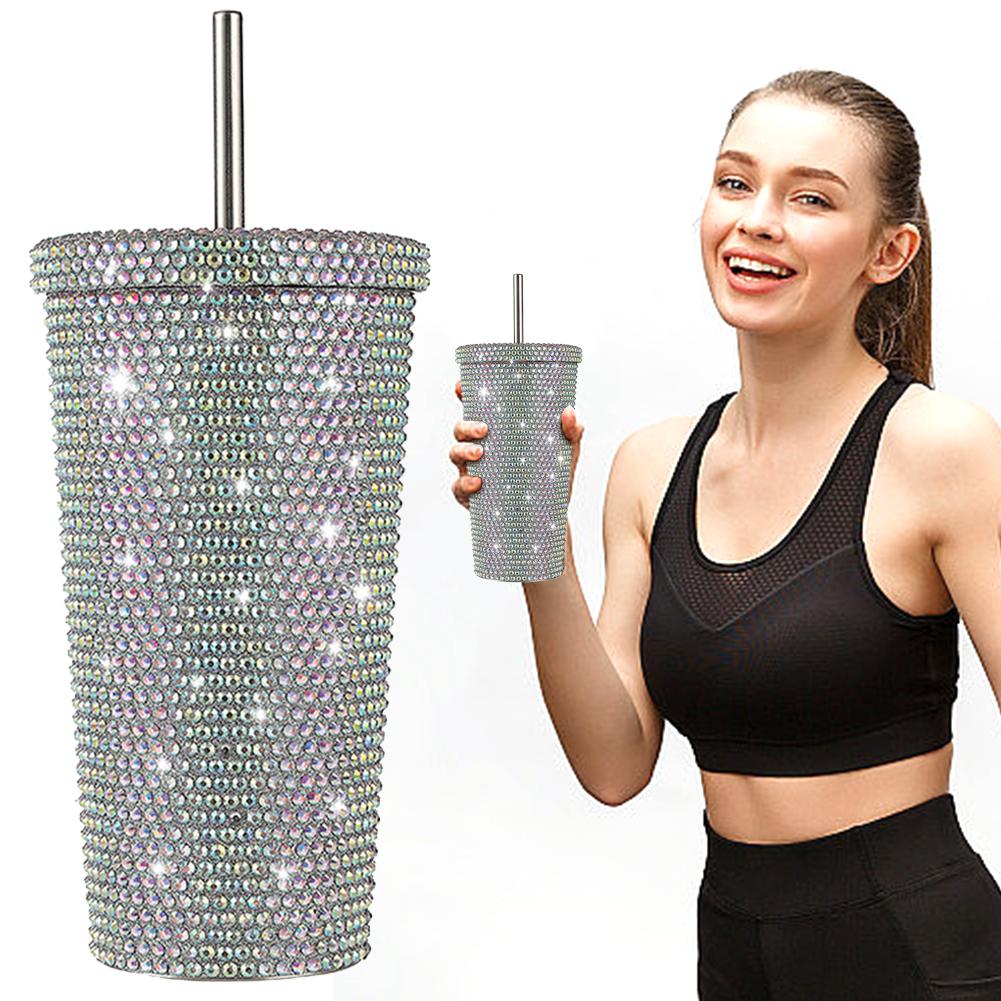 710ml Polymer Straw Cup Rhinestone Rivet Cup Double-Walled Water Tumbler Large Capacity Travel Mug Designed For Home and Outside High Quality