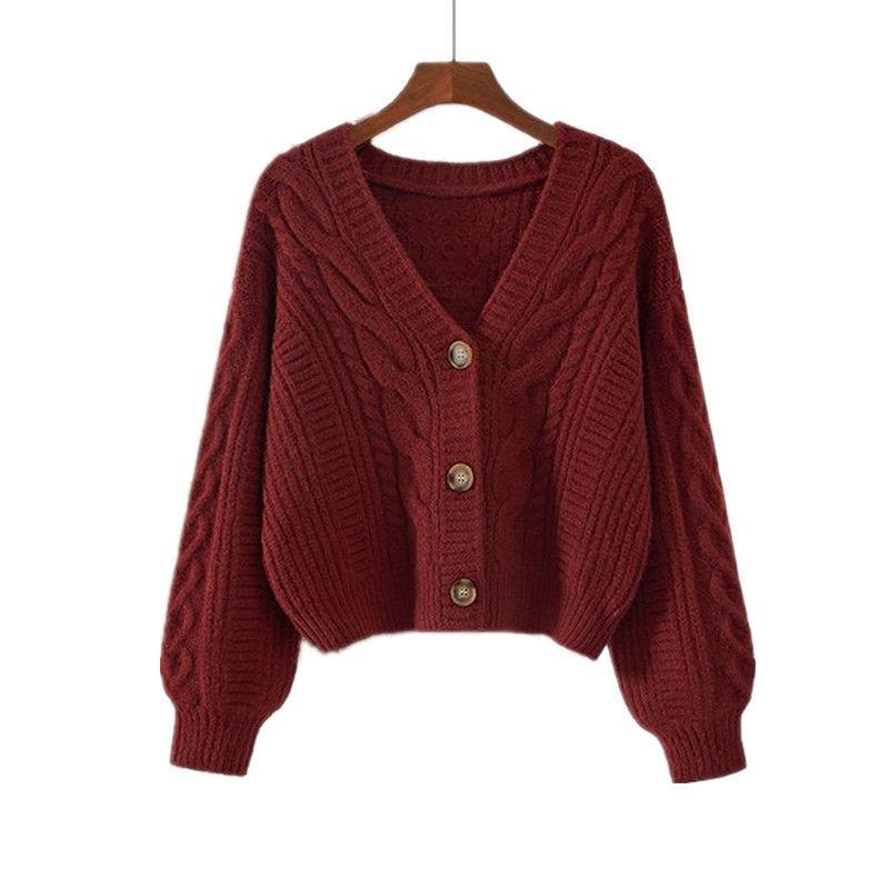 Womens Cable Knit Sweater Coat Autumn Winter Short Cardigan V Neck Top