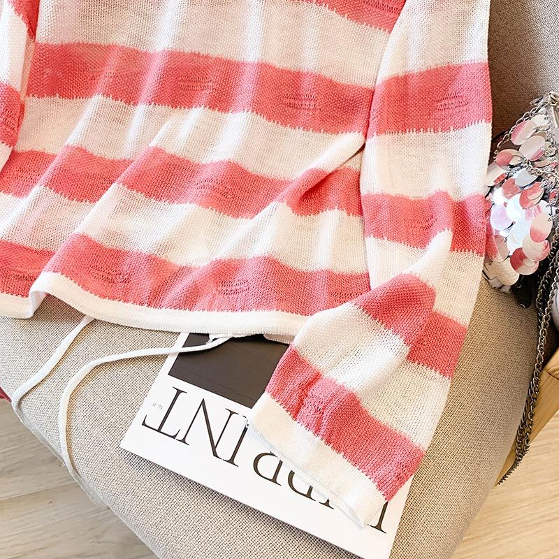 Sunscreen casual contrasting striped long-sleeved t-shirt knitted thin top trendy