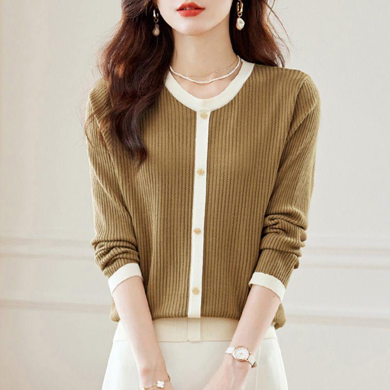 

Knitted Sweater Long-sleeved Casual Pullover Top Stylish Round-neck Loose Sweater Base Layer for Spring and Autumn 2XL хаки