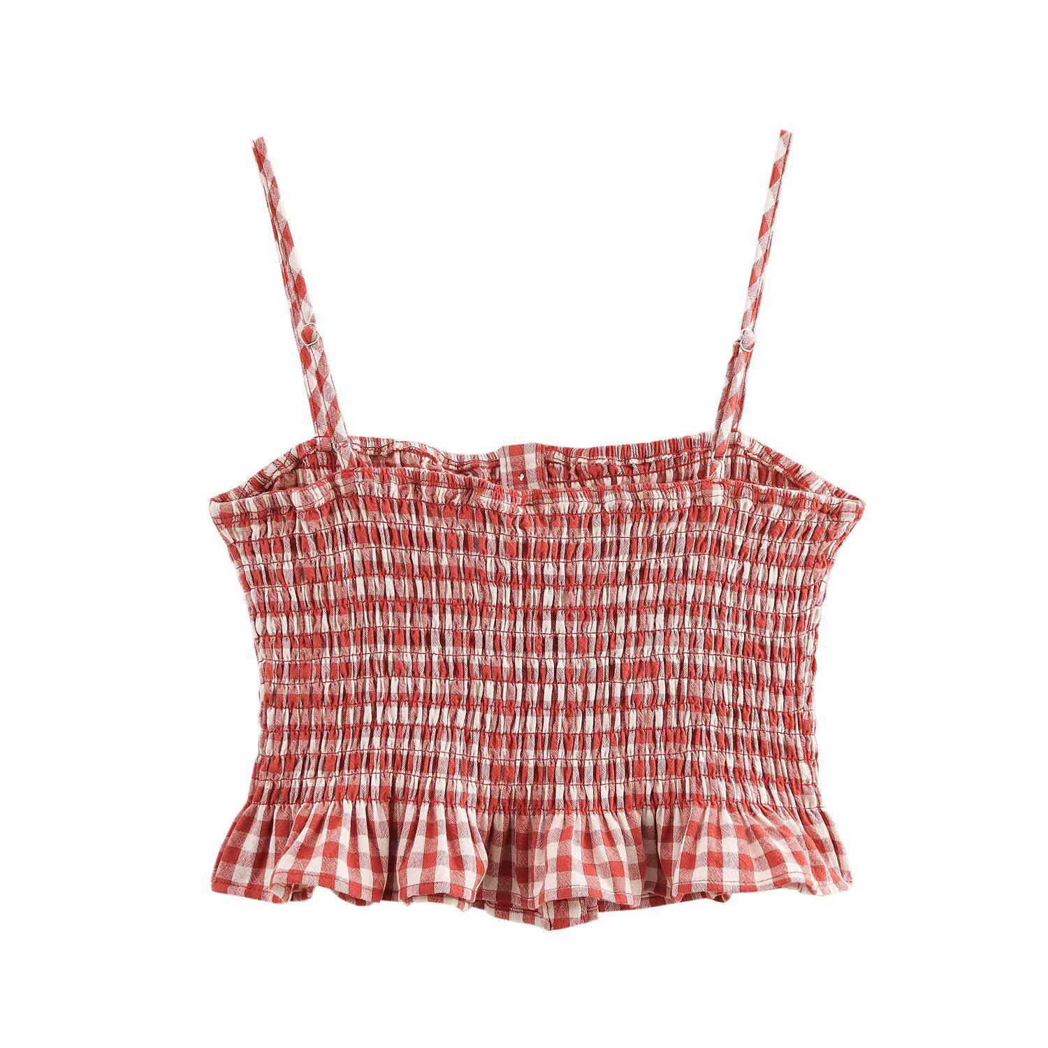 

Топ-ками на тонких бретелях в клетку с плиссировкой для весны/лета: Сладкая и Острая Женская Повседневная Мода L