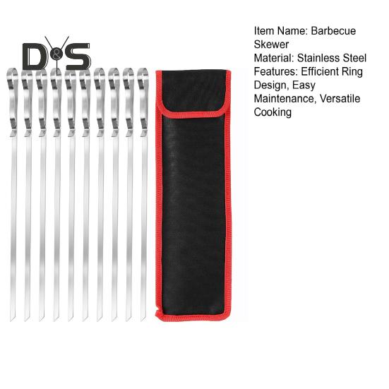 6/10Pcs Stainless Steel BBQ Skewers with Storage Bag Ring Design Flat BBQ Needle Metal Stick for Grilling Sausages Seafood Veggies