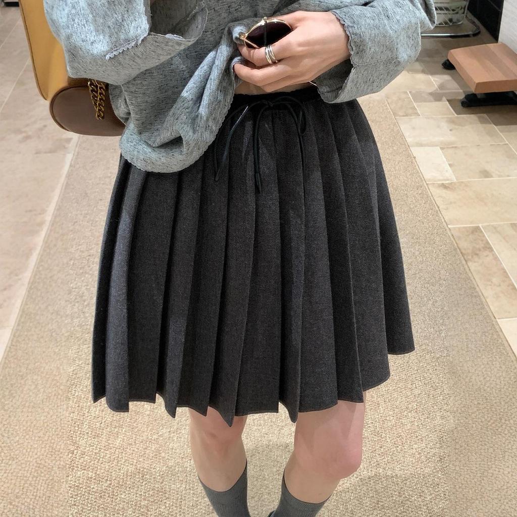 Women's Gray Wool Pleated A-line Mini Skirt with Elastic High Waist and Drawstring - College Style for Autumn and Winter