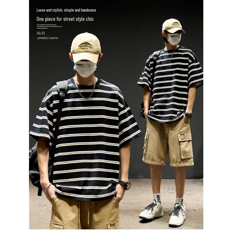 

Мужская полосатая футболка Sea Soul из плотного материала, с коротким рукавом, тренд 2025 2XL чёрный