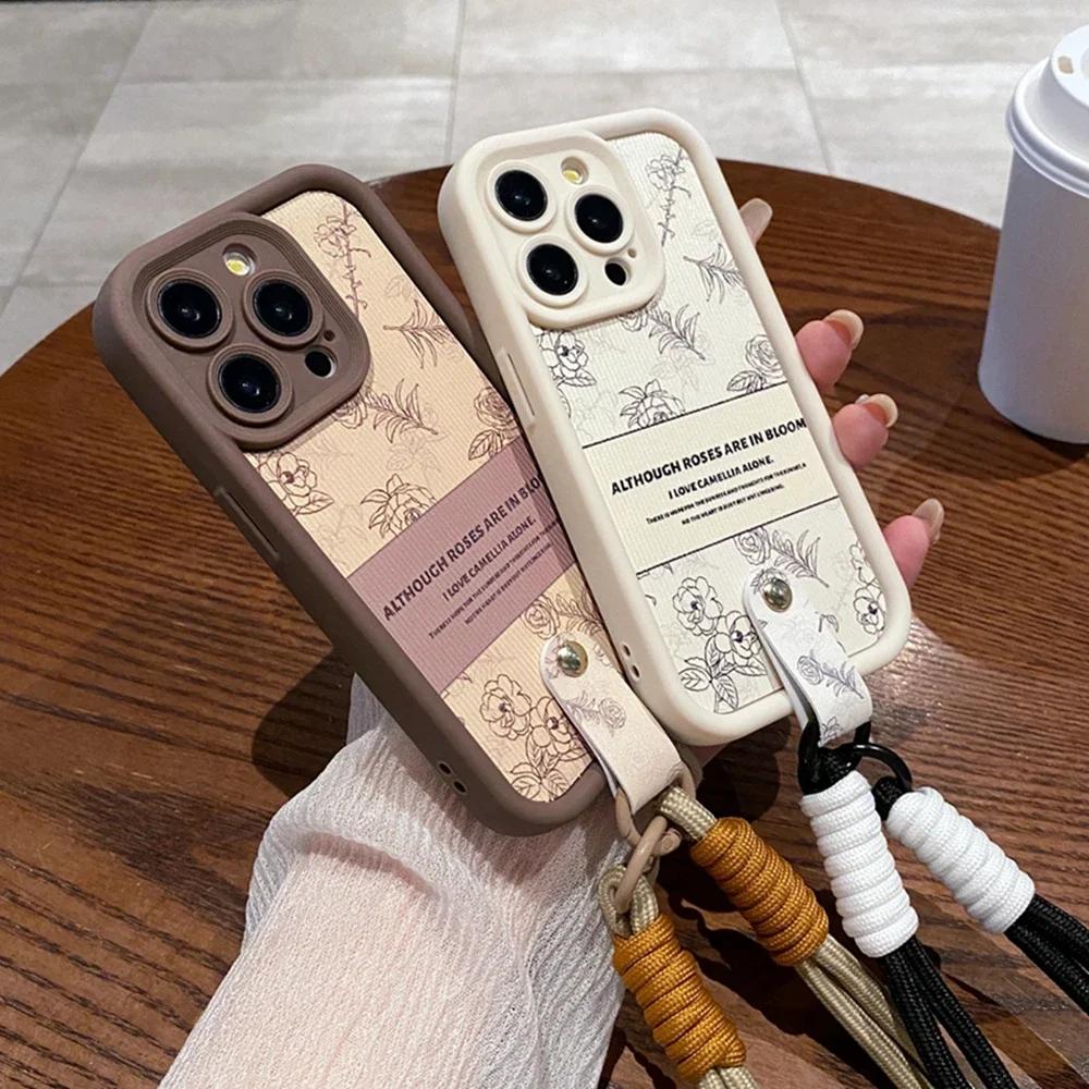 Luxury Camellia Wrist Strap Phone Cases for iPhone 13 11 14 15 Plus 12 16 Pro Max X XR XS 15pro MAX Case Silicone Lanyard Cover