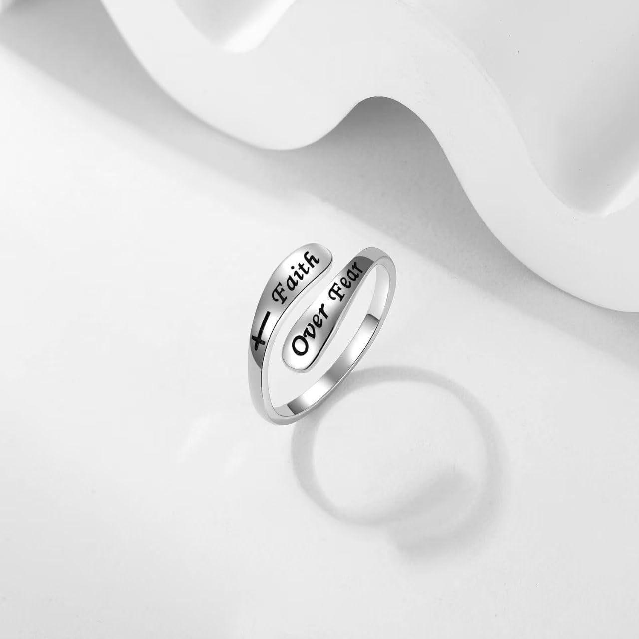 Faith Over Fear Engraved Couple Rings - Cross Design, European & American Style Adjustable Opening