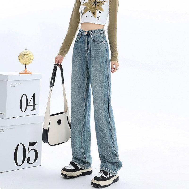 Women's Autumn and Winter Jeans Warm Wide Leg High Waist Straight Leg Loose Jeans