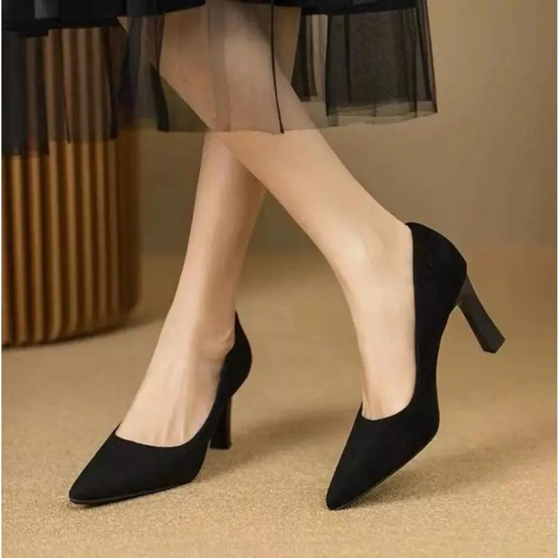 2025Elegant High  Classic Black Pumps Summer Pointed Toe Party Wedding Shoes Woman Square Heel Office