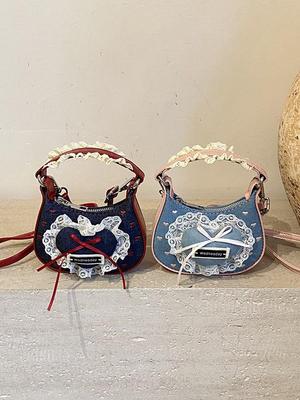 Korean Mini Lace Bow Denim Shoulder Bag for Women and Kids - Autumn/Winter 2025 Collection
