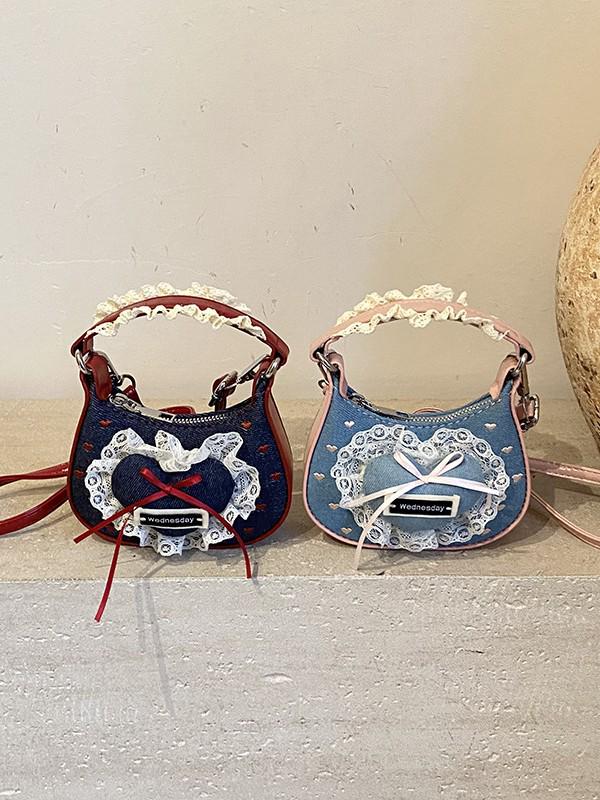 Mini Borsa a Spalla in Denim con Fiocco di Pizzo Coreano per Donne e Bambini - Collezione Autunno/Inverno 2025