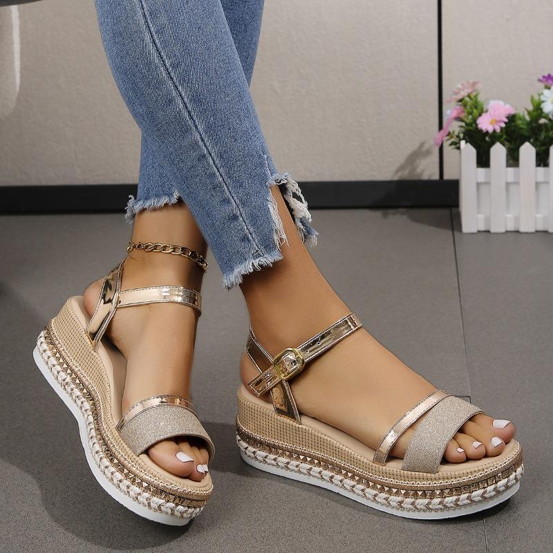 Summer New Large Size Fish Mouth Buckle Wedge Sandals Women's Fashion and Comfort Thick-soled Glossy Women's Sandals