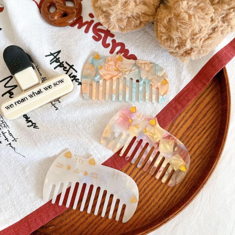 Korean Acetate Wide Tooth Comb for Women  Vintage Cute Cat Design Travel Portable Leopard Print Anti Static Kids Hair Comb