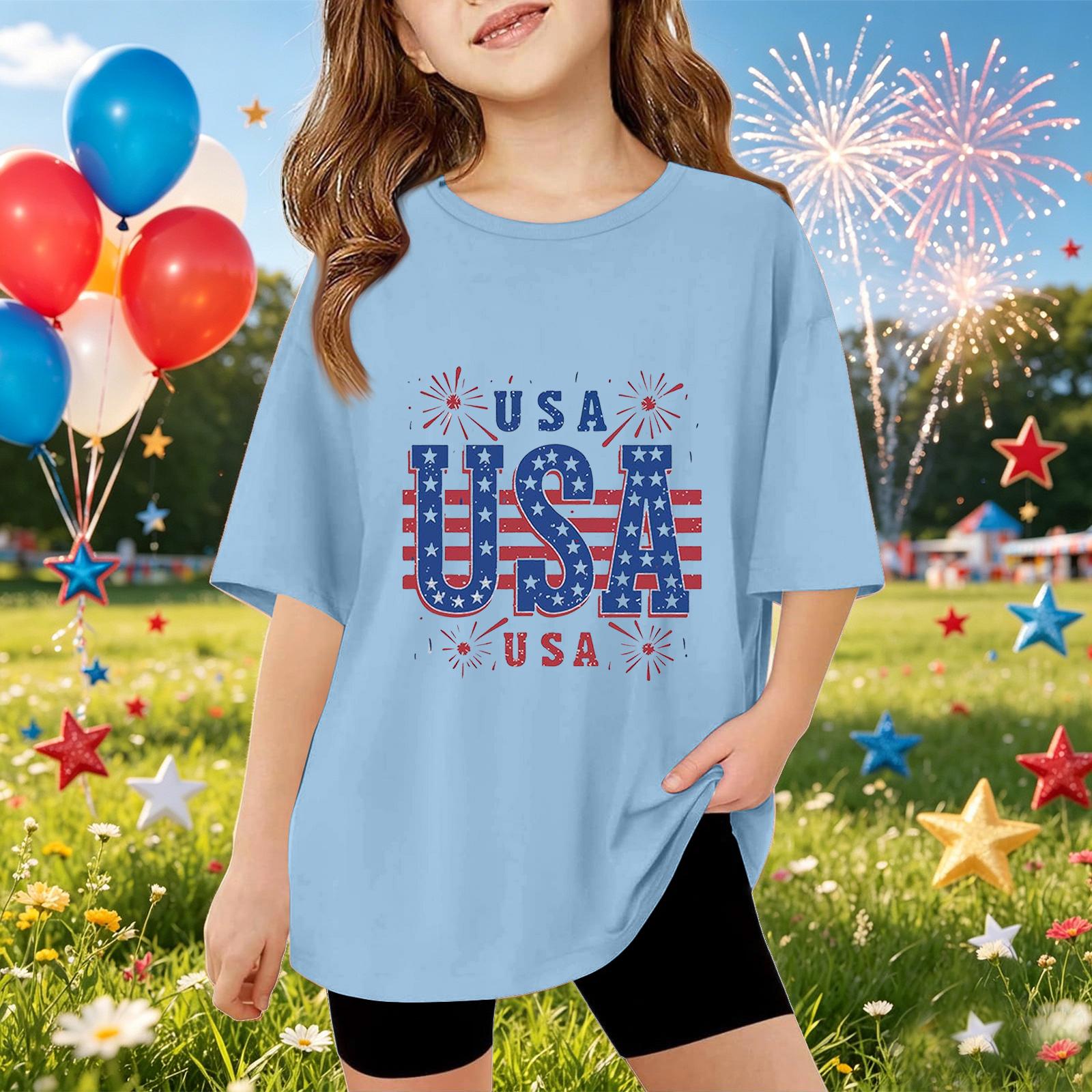

Kids Short Sleeve T-Shirt USA Print Independence Day Top Casual Loose Fit Crew Neck Tee for Boys Girls Summer Wear 100