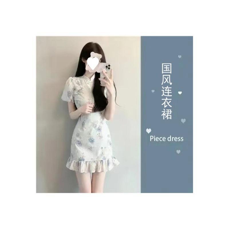 

Design sense niche improved cheongsam national style floral skirt summer temperament waist gentle dress S