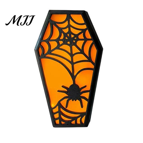 Solid Wood Halloween Craft Casket Decor, DIY Bat Ghost Ornament with Lights, Horror Decoration Spooky Graveyard Scene Prop for Party Home