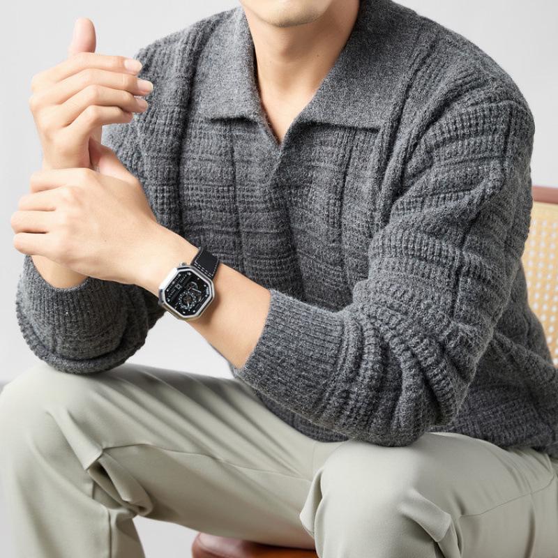 Męski modny sweter z długim rękawem i kołnierzem typu kent - Wiosna i Jesień