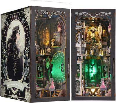Buchnischen-Bausatz für DIY Miniatur-Puppenhaus-Bücherregal-Dekoration mit staubdichter 3D-Holzbewegung und LED-Lichtkarte Erwachsene, Abdeckung, Buchstützen, Puzzle,