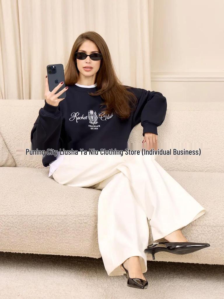 American Style Oversized Round Neck Sweatshirt - Autumn/Winter Casual Versatile Print