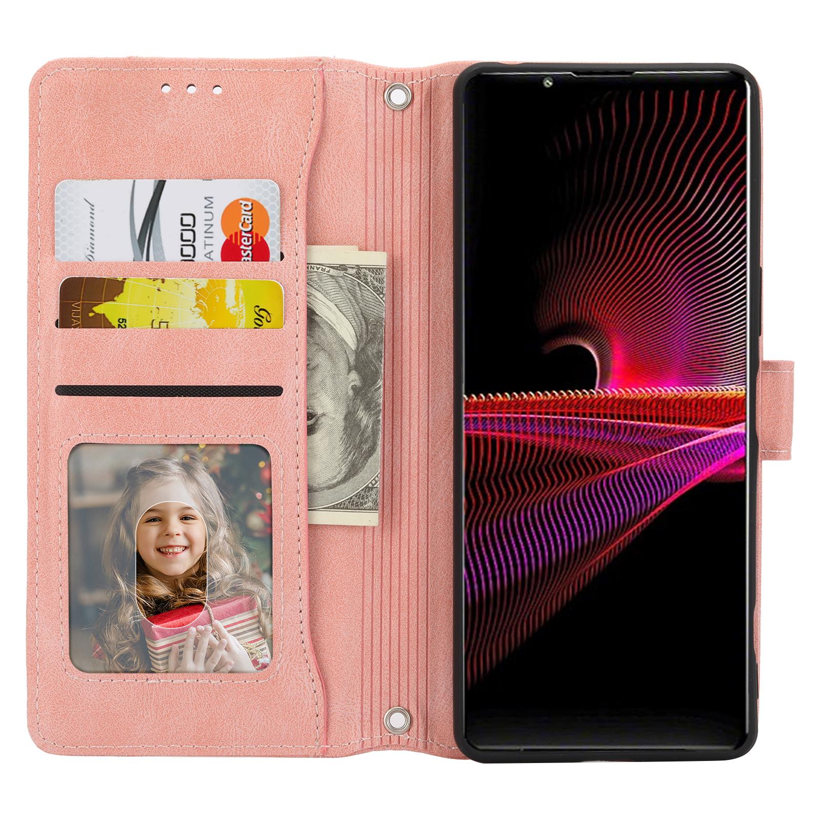 

For Sony Xperia 5 IV 5G Case Zipper Pocket Leather Phone Cover with Crossbody Shoulder Strap Rose Gold