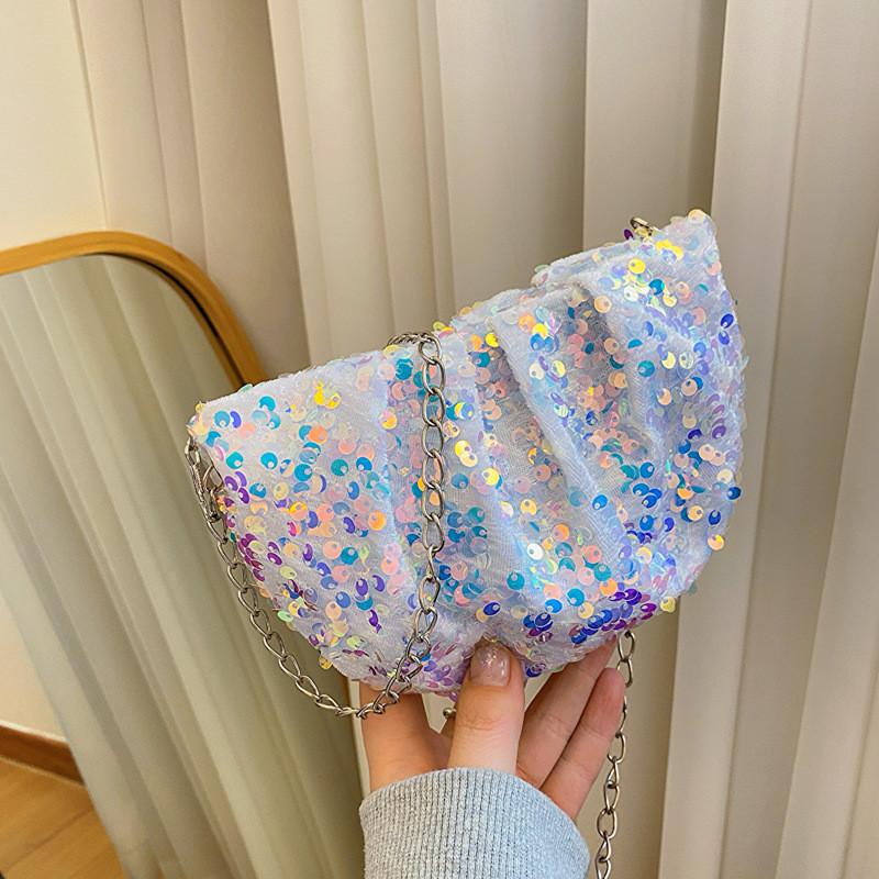 Chic Spring Fashion Bucket Bag For Women With Unique Chain Design And Stylish Sequins In Black Silver Or Colorful Options Beige