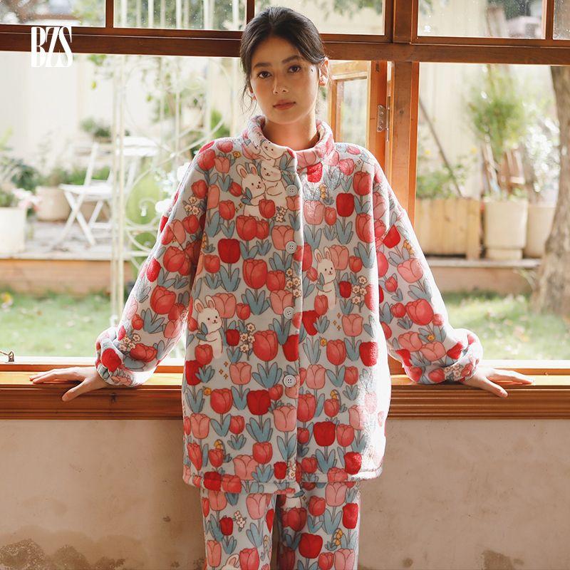 

2024 Winter Fleece-lined Thickened Composite Velvet Gentle Cute Field Rabbit Print Stand Collar Long Sleeves Thermal Pajamas Suit Suit L [recommend 55.00 kg-67.50 kg]]