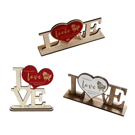 Valentine's Day Love Table Sign with Base Farmhouse Rustic Wooden Love Letter Ornament Anniversary Wedding Party Tabletop Decoration